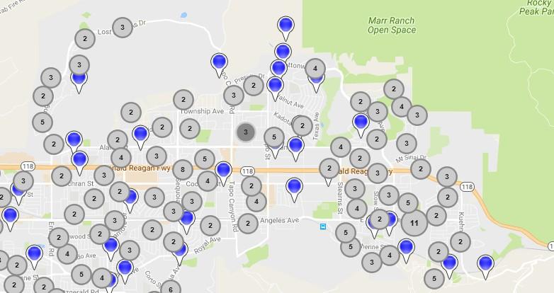 Map Pin Grouping: Based on the current zoom level, listings clustered close together will display as a numbered pin indicating the number of listings in the group.