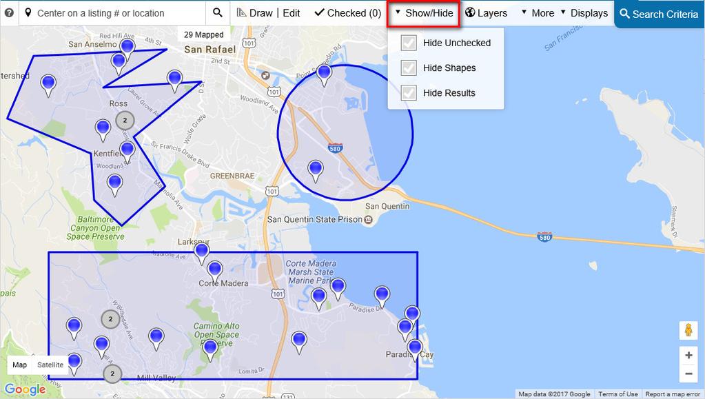 Displays: Clicking the Displays button in the map toolbar allows you to toggle between the Interactive Map Search and the MLS s Search Results displays and grids.