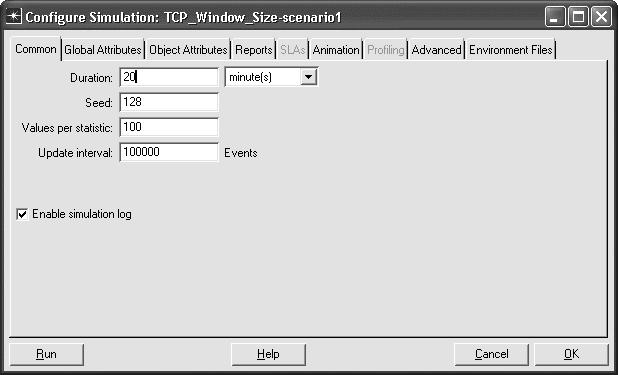 OPNET Lab Manual Select Simulation => Configure Discrete Event Simulation Under the Common tab, set the Duration to 20, and the unit to minute(s). Click on Run to run the simulation.