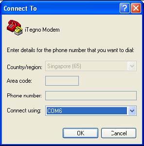 In the Connect to dialog box, select the PC COM port number, which is connected to the modem, and click [OK] to
