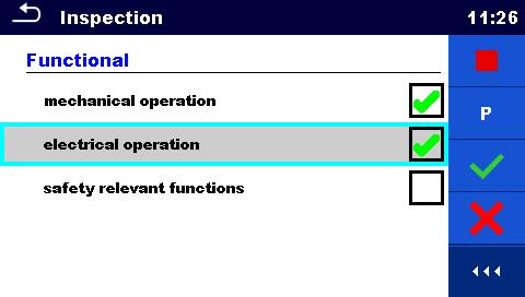 set in the Power single test, see chapter 4.1.12 Power. Test circuit Figure 4.55: Functional inspection Functional inspection procedure Select the appropriate Functional inspection.