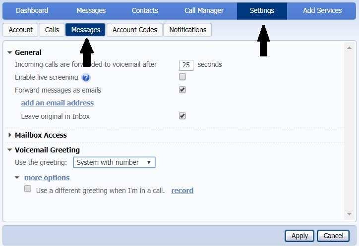 Expand Voicemail Greeting by clicking the arrow symbol to the left of Voicemail Greeting. By default the greeting will be set to System with number.
