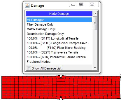 11 Damage results mesh at Iteration 13 (308 cycles) Note: The damage panel shows Longitudinal Tension failure that corresponds to fiber failure for 0 degree plies in the coupon.