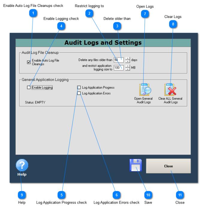 Audit Logs and Settings Enable Auto Log File Cleanups check If ticked, audit logs size and age will be managed as per
