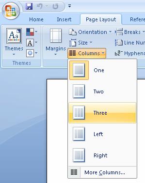 Columns To insert columns into your document, go to the Page Layout tab, select Columns, then select the number of columns you d like to split your document into.