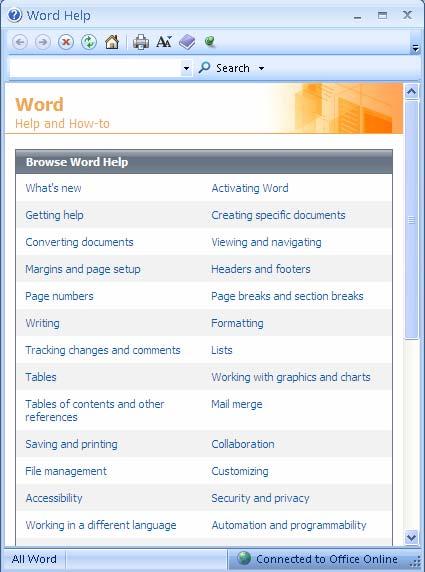 Getting Help in MS Word 2007 To get help in Word 2007, look for the help icon [ ] in the top right hand