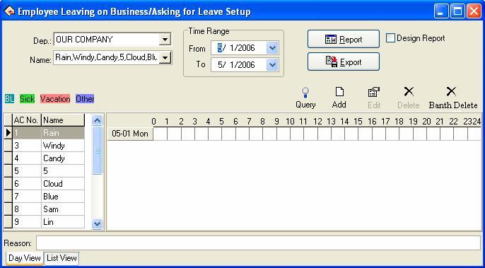 The option page of Employee Leaving on Business/Asking for leave may be divided into two tabs that are the Day View and List View.
