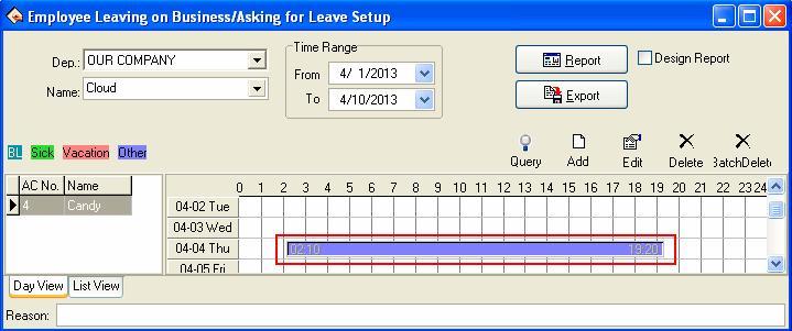 2) Another Way: Select employee and click " " button from tools column, determine Time Range, choose the leave type,