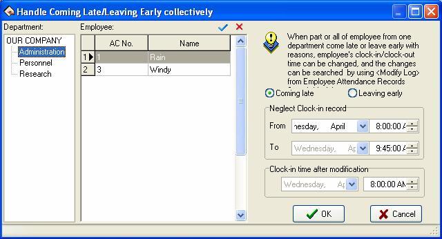 In the department option, select the department to which the employee who come late collectively belong and then click the employee of your choice in the employee option box, if you want to choose