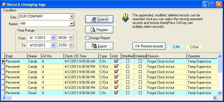 If the use has revised the original Time Attendance record, the system provides a convenient way to inquiry the Time Attendance record which has been revised, and reverses the disoperation.