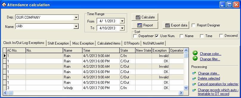After searching and calculating, chooses the Clock In/Out Log Exceptions tab, shown as the following figure: In the Clock In/Out Log Exceptions the default data row includes the Name, the AC No.