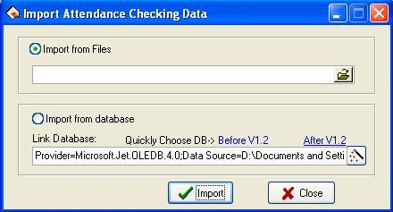 1. Import from Files All information of original database can be import to Attendance system database file; to import attendance clock/in employee attendance data is imported.