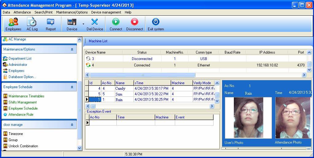 6. The attendance management software automatically detects the online device, and displays the latest attendance records and photos in the main interface, as shown in the following figure. 7.