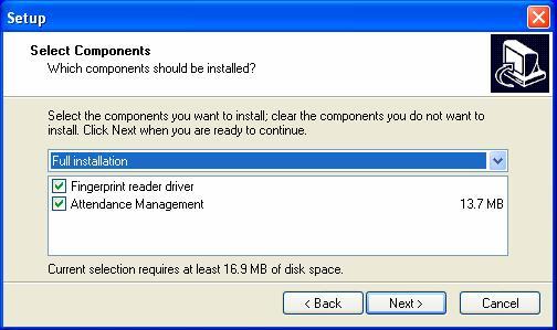 5. In this step you can choose the component which you want to install, such as Fingerprint reader driver and Attendance