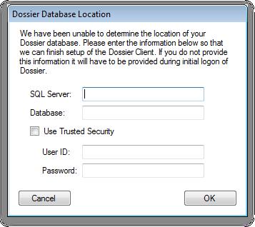 6. Click the Install Dossier Client link. If the Dossier database has not been installed on this same machine, the installer will prompt you to enter the database location. 7.