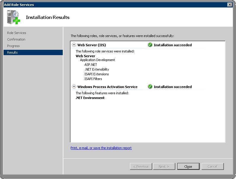 8. Click Install. It might take several minutes for ASP.NET to install. When it does complete, the Installation Results are displayed.