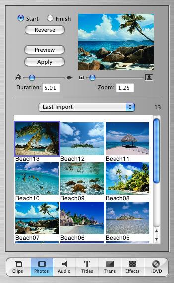 Adding Motion to a Photo You use the Photos pane controls shown below to add zoom and pan to your photos.