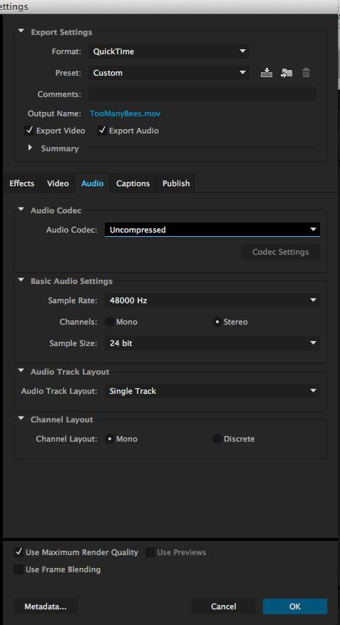 Convert Your File Using Adobe Media Encoder (cont.) Next select the Audio tab and choose Uncompressed from the Audio Codec drop down menu.