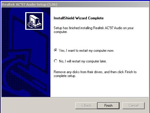 Click Finish button on the Realtek AC 97