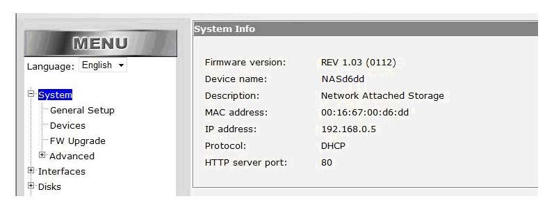 System Section 2: System When System is selected the System Info window appears, showing your BOSSNAS122 basic information You will also notice the System menu expands allowing you to select;