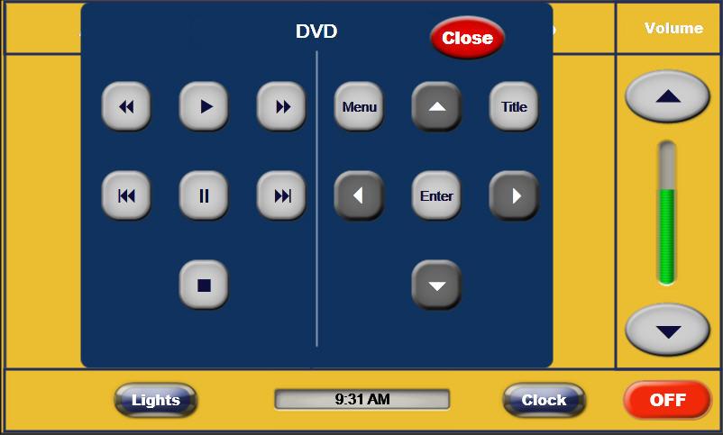 To project a DVD or Blu-ray disc: After turning on Blu-ray player and inserting disc, select DVD on room control panel to display the DVD controls. The disc will automatically play on all 4 screens.