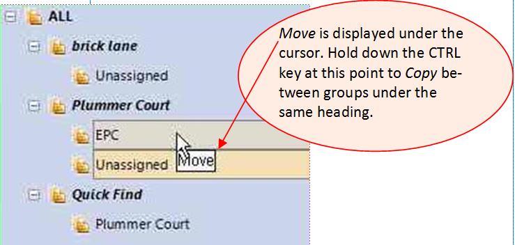 This time the drag and drop action will move the shortcuts of the records from the Unassigned group to the EPC Group. As you perform the drag and drop a Move icon will appear underneath the mouse.