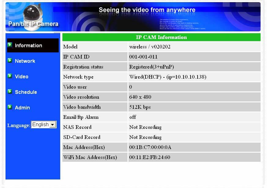 3.1. Information The first page of the web configuration of the IP CAM is the information page.