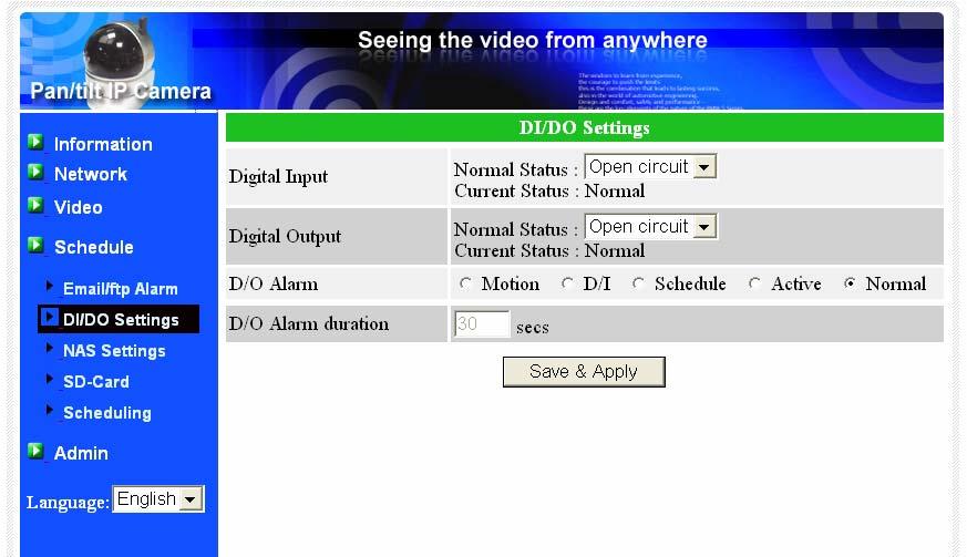 3.9. DI/DO settings The video server product provides DI/DO alarm function, a video motion detection or the digital input signal could trigger the digital output alarm.
