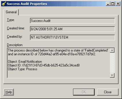 Chapter 1 Configuring Email Adapter Viewing Email Adapter History The Audit Properties dialog box displays.