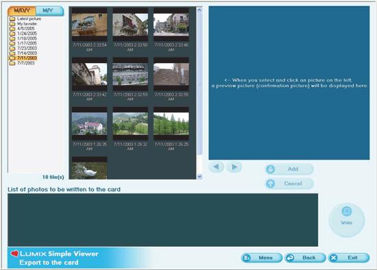 Using Simple Viewer Viewing pictures on the PC with the digital camera ( Export to the card) Acquire pictures on the PC to the Card to enable them to be