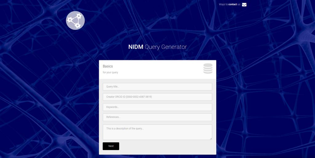 Web Query Generator To generate a query with the interactive web interface, first start up the nidm application nidm Then open your browser to localhost:8088/query/new.