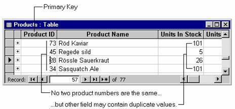 Example: Setting the Primary Key for the Products Table The primary key of the Northwind Products table contains product ID numbers.