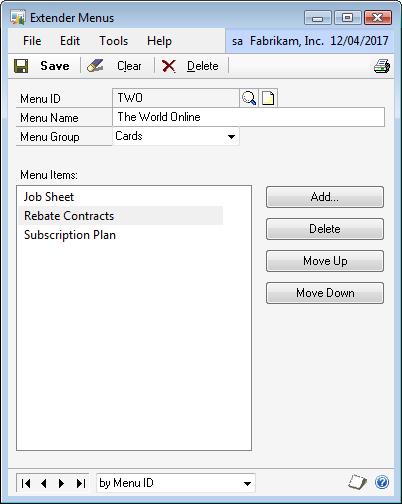 Chapter 15: Menus This chapter will guide you through the creation of an Extender Menu. An Extender Menu allows you to add your Extender objects to the Microsoft Dynamics GP menu structure.