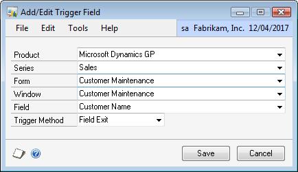 To add a Trigger Field: 1. Click the Add button above the Trigger Fields list 2. Select the Product, Series, Form, Window and Field to trigger the dialog from. 3. Select the Trigger Method. 4.