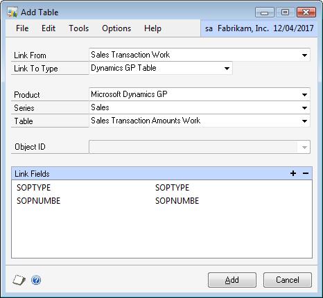 Select the Table Type: If the Type is Microsoft Dynamics GP Table, select the Product, Series and