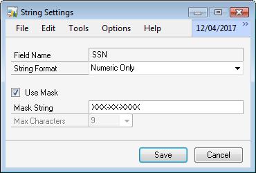 can be entered into the string field. The maximum number of characters will default to 30 if not selected. To select string settings: 1. Click the expansion button. 2. Select the String Format. 3. If you want to use a string mask, mark the Use String checkbox and enter the String Mask.