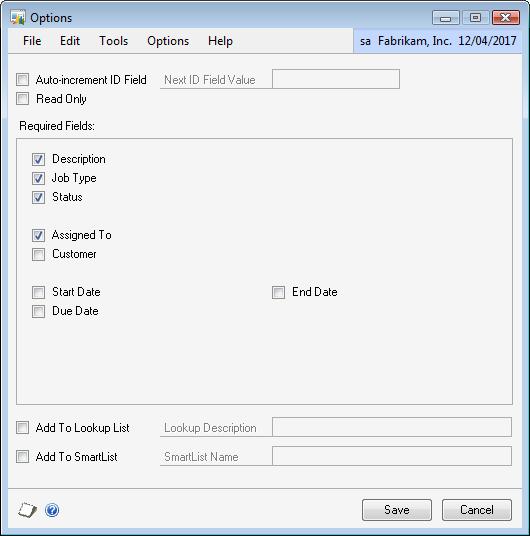Setting Form options Use the Options window to set required fields, create a SmartList from the Form data, create a lookup based on the form, set the ID field to auto-increment and set the form to be