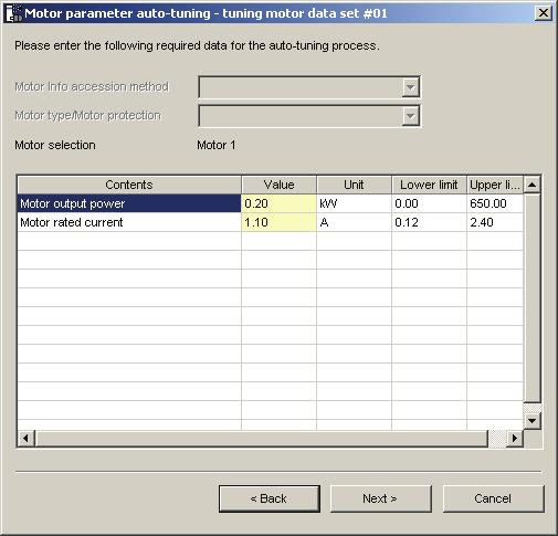 4.5.3 Tuning Parameter Setting Screen The information required can be obtained from the motor nameplate or from the motor test report. Enter the data required into the appropriate column.