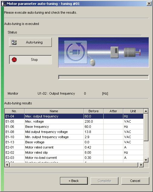 4.5.4 Auto-Tuning Screen Starting Auto-Tuning NOTE: The data displayed will differ by the type of Auto-Tuning selected. 1) To start the Auto-Tuning process, click Auto-tuning.