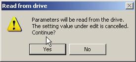 Reading parameter settings from the drive Reads the selected parameters from the drive and writes them to the Project.