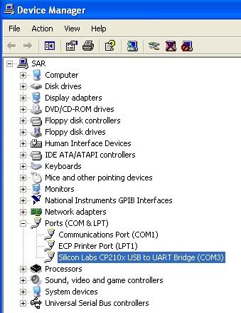 In the Ports (COM & LPT) directory, check there is a line entitled CP210x USB to UART Bridge Controller (COMn)