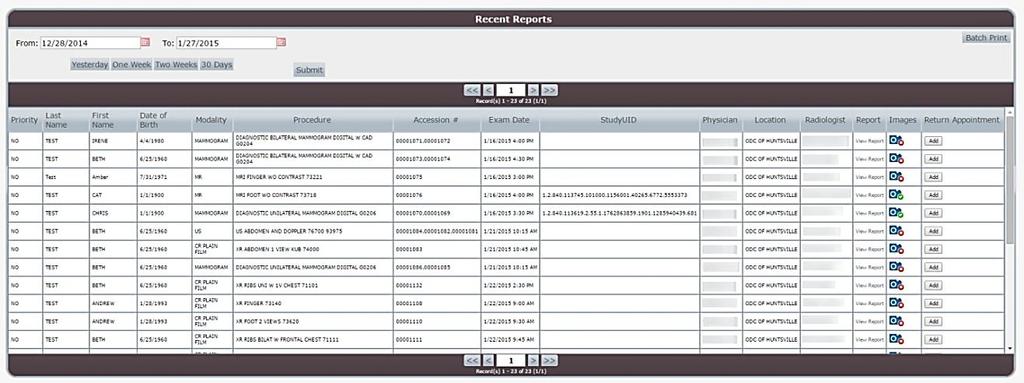Recent Reports The Recent Reports page displays a full page view of all of the reports for the selected date range.