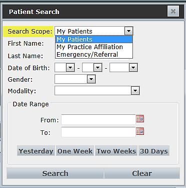 The filter also includes patient records that the user is listed on the study as a Courtesy Copy Physician.