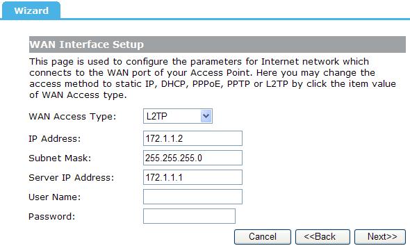 IP Address: Enter the IP address. Subnet Mask: Enter the subnet Mask. Server IP Address: Enter the PPTP Server IP address provided by your ISP. User Name: Enter your PPTP username.