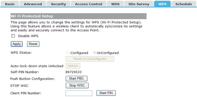 Disable WPS: Check this box and clicking "Apply" will disable WPS function. WPS is turned on by default.