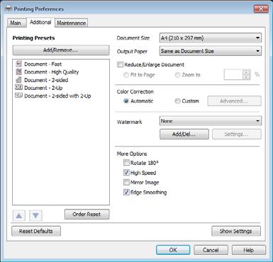 Return to the default settings (click Reset Defaults). When you re finished, you re ready to print. Select Additional Printing Options You can select the size and other options on the Additional tab.