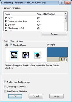 To disable the low ink reminder window, right-click the printer icon in the task bar and select Monitoring Preferences.
