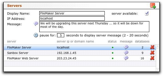 For any item (server, database, or privilege), you can assign a message and a pause duration.