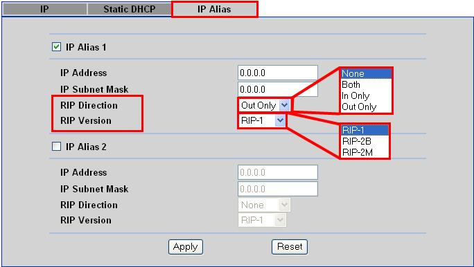 To set RIP for the IP Alias networks, click on IP Alias. 6.