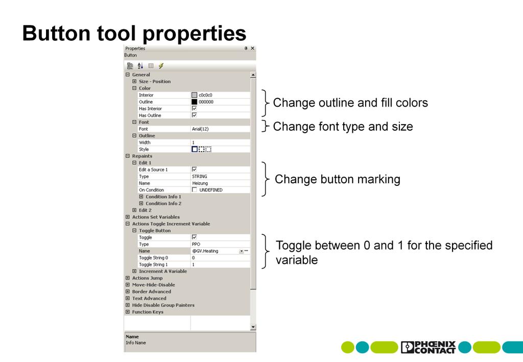 Getting started with visualization creation Using the button as an example, the object properties that apply to most of the other control elements are explained below.